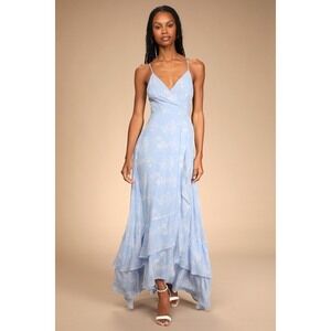 Lulus In Love Forever Light Blue Floral Lace-up High-low Maxi Dress - Size M